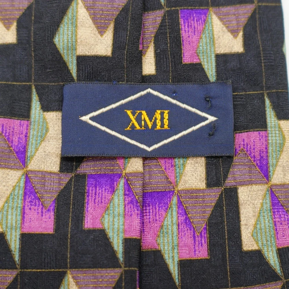 XMI Black Purple‎ Green Tan Abstract Woven Wide Silk Tie Made In USA